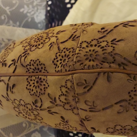 COLE HAAN Suede Laser Etched Floral Motif Hobo Bag w/ Leather Braided Strap - Picture 9 of 13